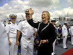 Secretary Clinton Waves While On Board the USS Fitzgerald in Manila