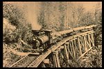 Black and white photo of an old logging train on a small wooden tressel.