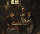 Deutsch:  Drei Mönche bei der Vesper-Mahlzeit. Öl auf Leinwand. 41 x 48 cm. Signiert und ortsbezeichnet „München“.