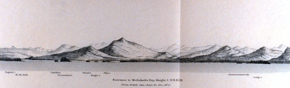  Entrance to Metlakatla Bay, Knight Island.  In: Pacific Coast Pilot Alaska Part I 1883.  P. 28.  Library call number VK943 .N3 1883. 