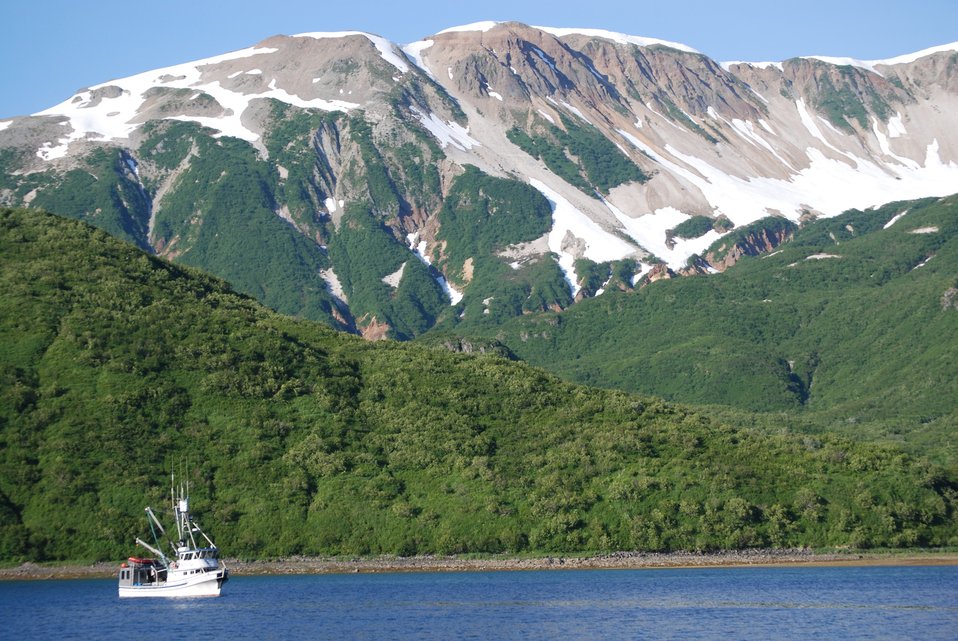  Rocky algae covered shoreline of Kukak Bay with fog bisecting view from bay to spectacular mountains in background. 