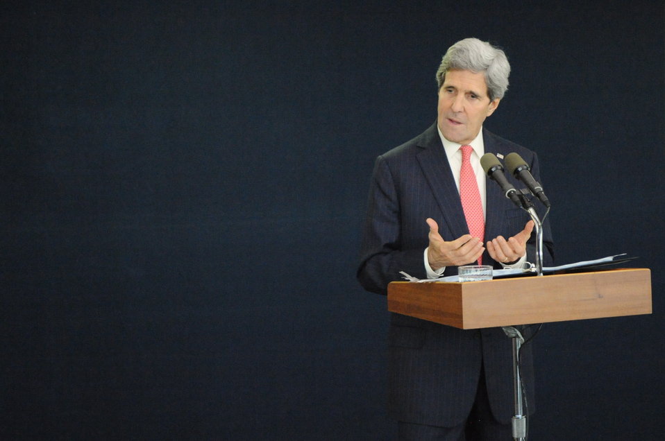 Secretary Kerry Addresses Reporters During Tel Aviv News Conference