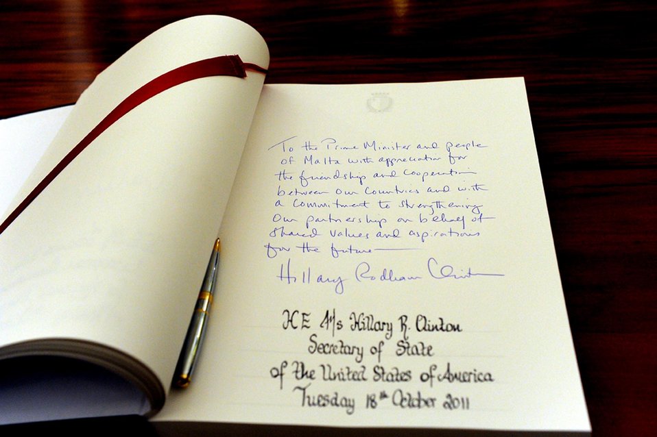 Secretary Clinton's Note in the Visitors' Book Is Photographed
