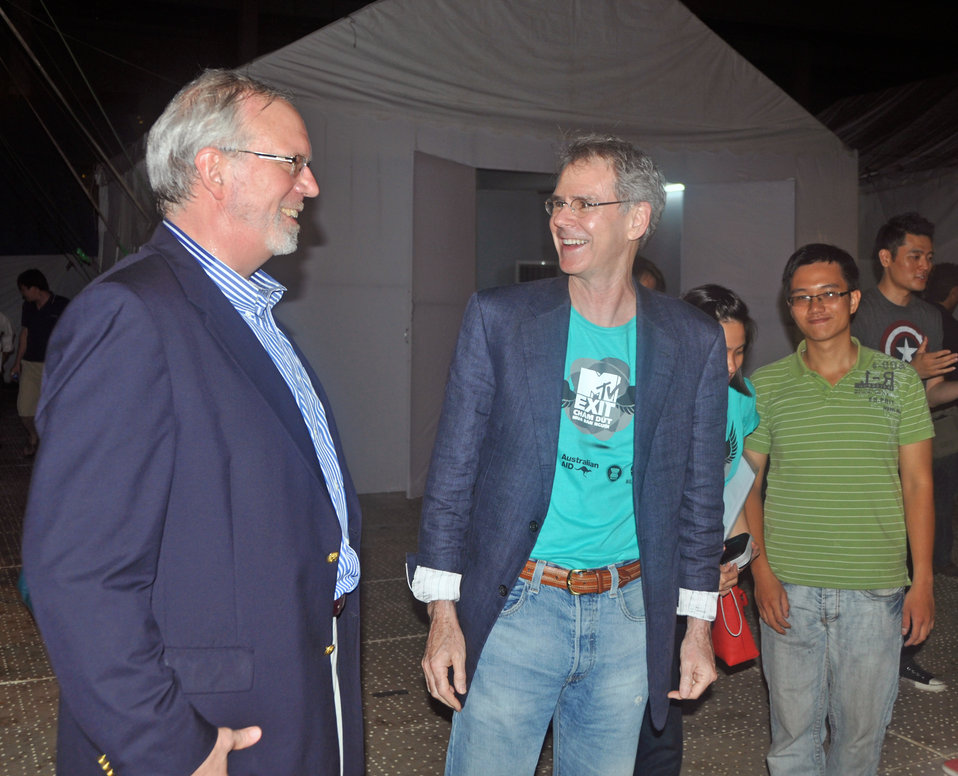 U.S. Ambassador to Vietnam, David Shear, left, and U.S. Ambassador to ASEAN, David Carden, backstage at the MTV EXIT concert in Hanoi