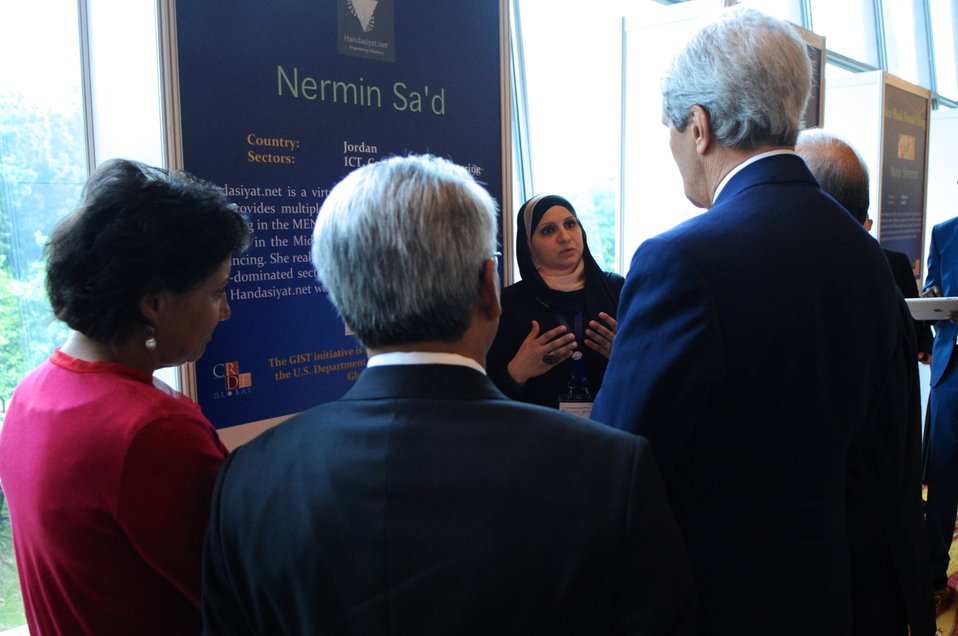 Secretary Kerry Listens To Presentation At Innovation Showcase