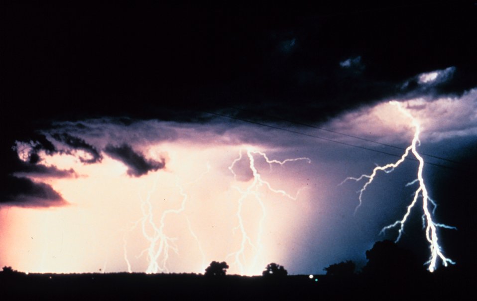  Multiple cloud-to-cloud and cloud-to-ground lightning strokes caught using time-lapse photography during a night-time thunderstorm. 