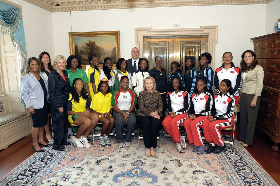 Secretary Clinton and ESPN President Skipper With Athletes From the Caribbean