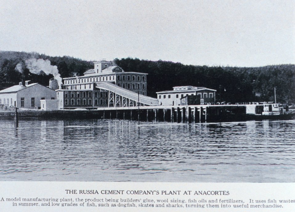  'The Russia Cement Company's Plant at Anacortes'.  This plant made glue and other products from fish processing waste, not cement. In:  'Puget Sound and Western Washington  Cities-Towns Scenery', by Robert A. Reid, Robert A. Reid Publisher, Seattle,