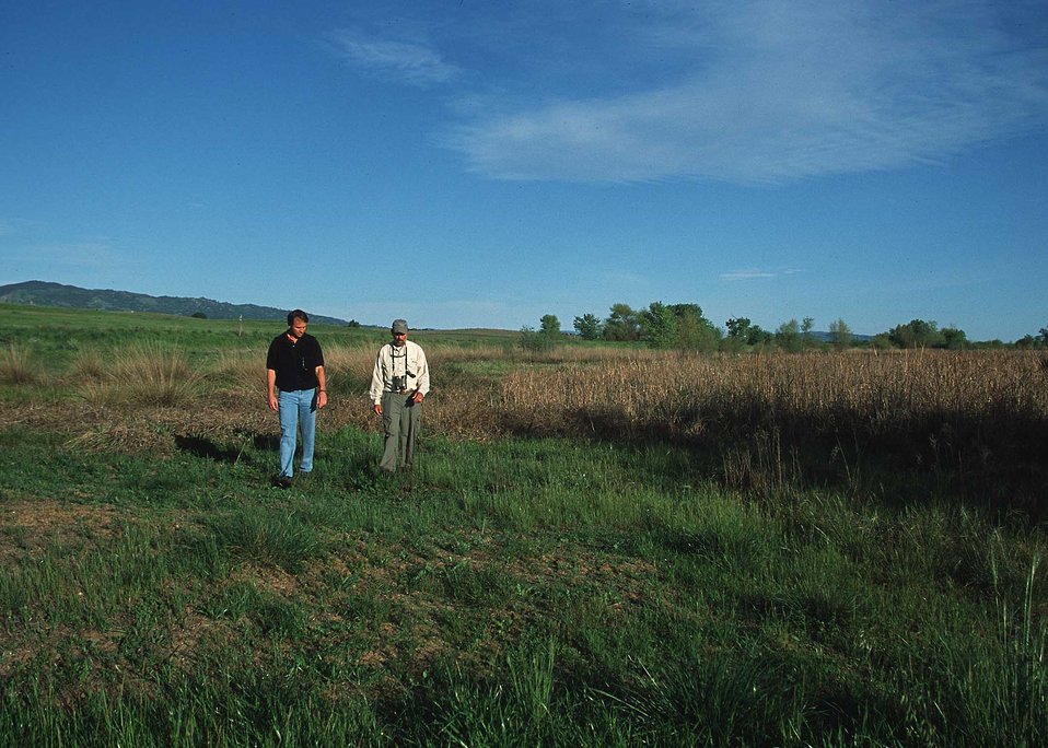 NRCS conservationist discusses wildlife habitat area with Yolo County farmer.