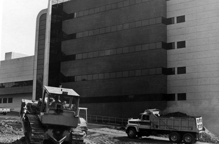 This late 1980s photograph showed the construction, which was taking place outside of what would become the Centers for Disease Control's, B