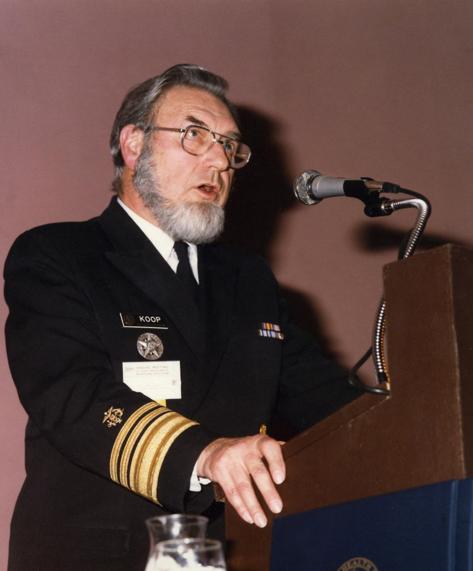 Here, former Surgeon General Dr. C. Everett Koop was shown addressing Centers for Disease Control employees during a 1980s presentation.