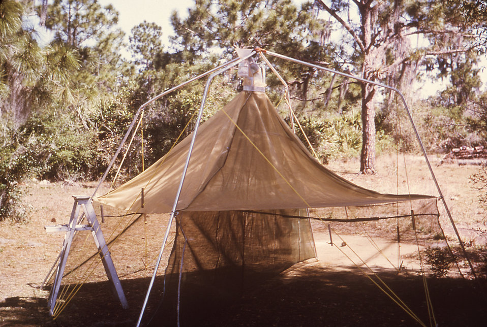 This 1980 photograph depicted an assembled 'Magoon' mosquito tent trap, which allowed mosquitoes to enter in order to feed, but after having
