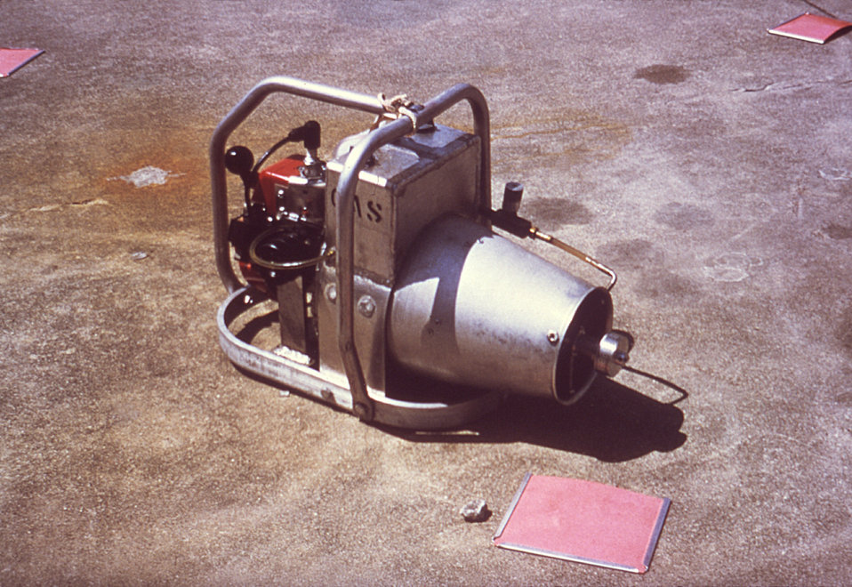 Called 'Mighty Mo', this 1981 photograph depicts the ultra-low volume (ULV) hand-held fog generator used to control population of potential 