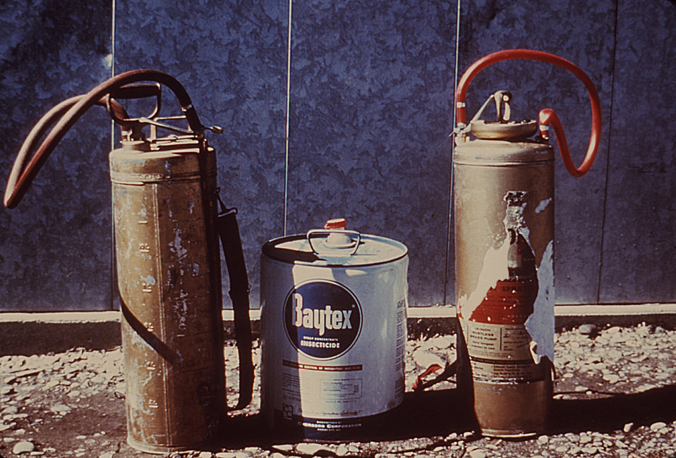 This 1981 photograph depicts some of the equipment used in the control of mosquito populations through the delivery of insecticides into mos