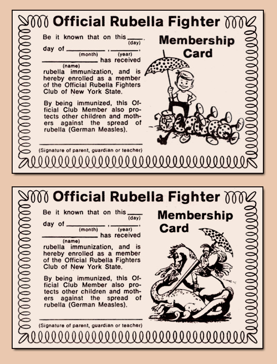 Shown here are two 'Official Rubella Fighter Membership Cards', featuring the 'spotted rubella umbrella'. During the late 1960s and early 19