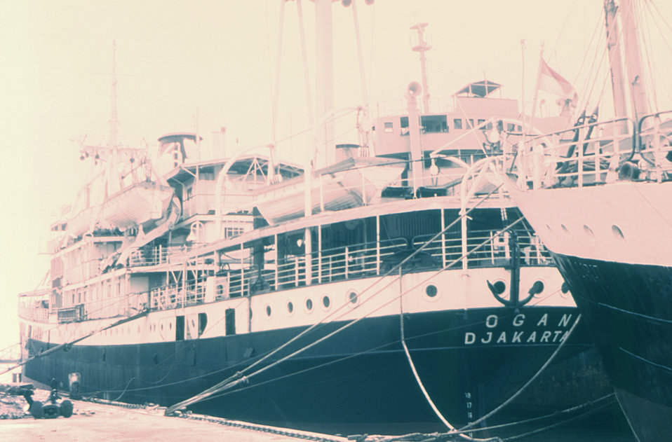 This 1969 image depicts two cargo ships that were docked in the Port of Jakarta, Indonesia.