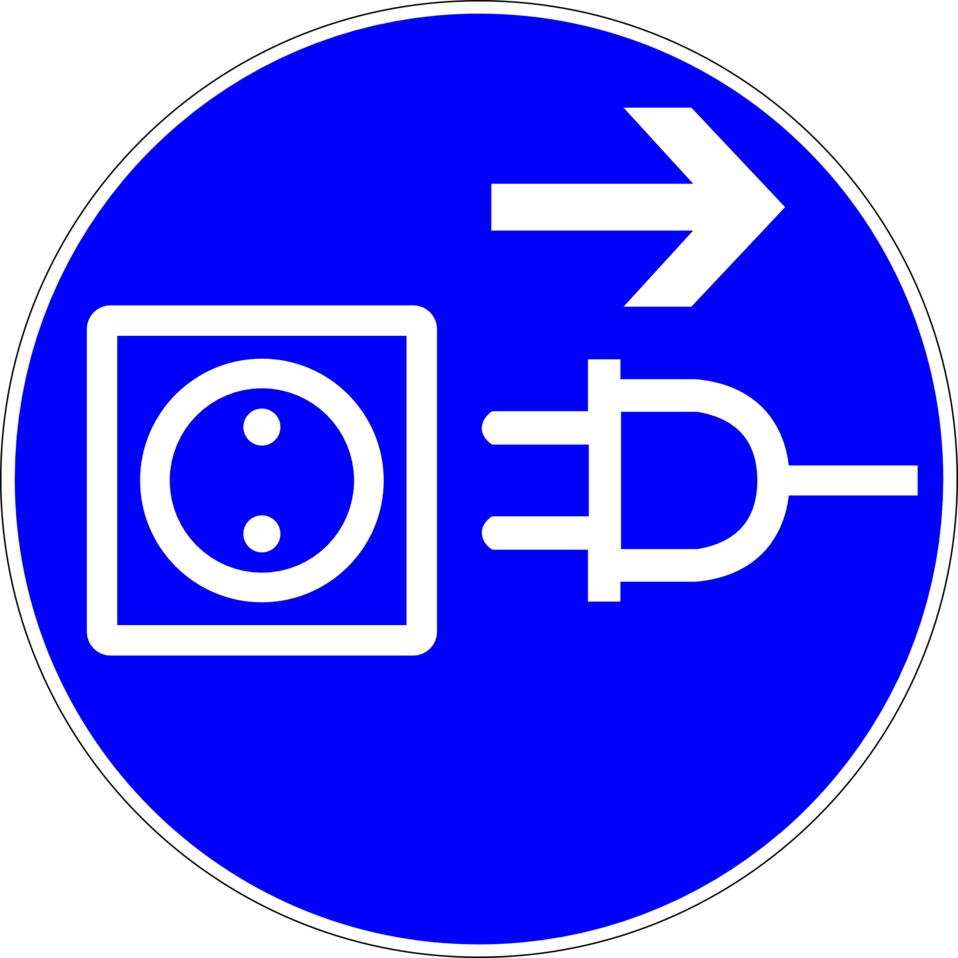 Deutsch:  Vor Öffnen Netzstecker ziehen, Gebotszeichen D-M013 nach DIN 4844-2 Pull mains cord before opening, mandatory action sign D-M013 according to German standard DIN 4844-2