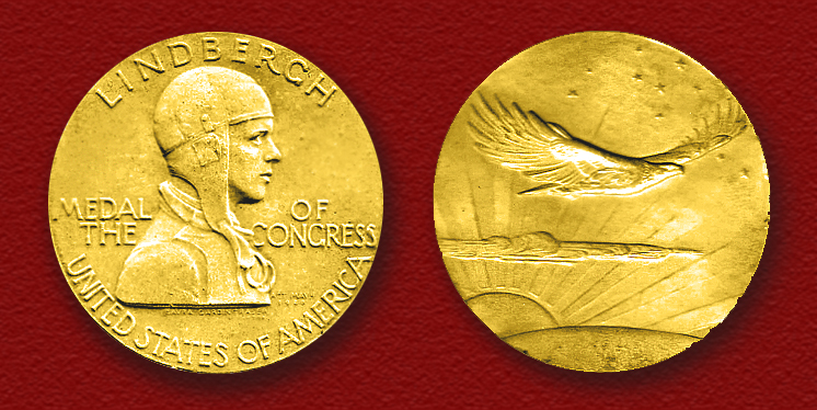 The Congressional Gold Medal, authorized by the Congress on 4 May 1928, and presented to Col. Charles A. Lindbergh by President Calvin Coolidge at The White House, Washington, DC, 15 August 1930