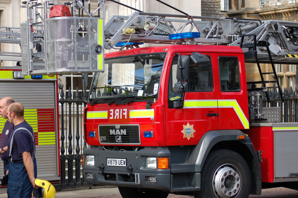 MAN fire engine of the Cambridgeshire Fire and Rescue Service. With 'FIRE' in mirror writing ('ERIF').