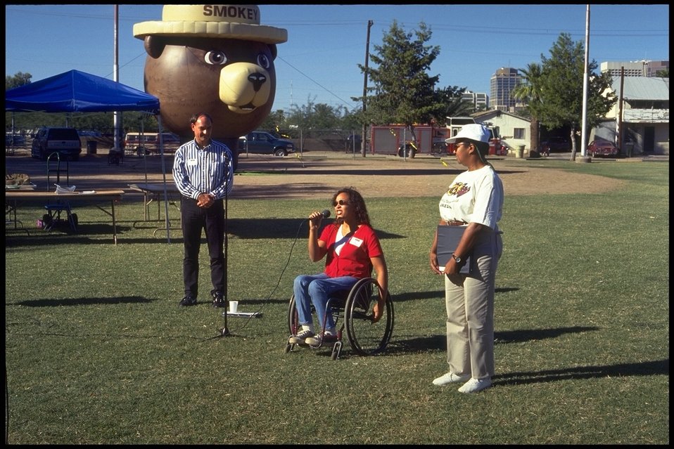 Sherrie Petersen and Denise Meridith, Arizona State Director, greet WOW campers. The WOW program -- Wonderful Outdoor World -- brings the great outdoors to urban youth. 