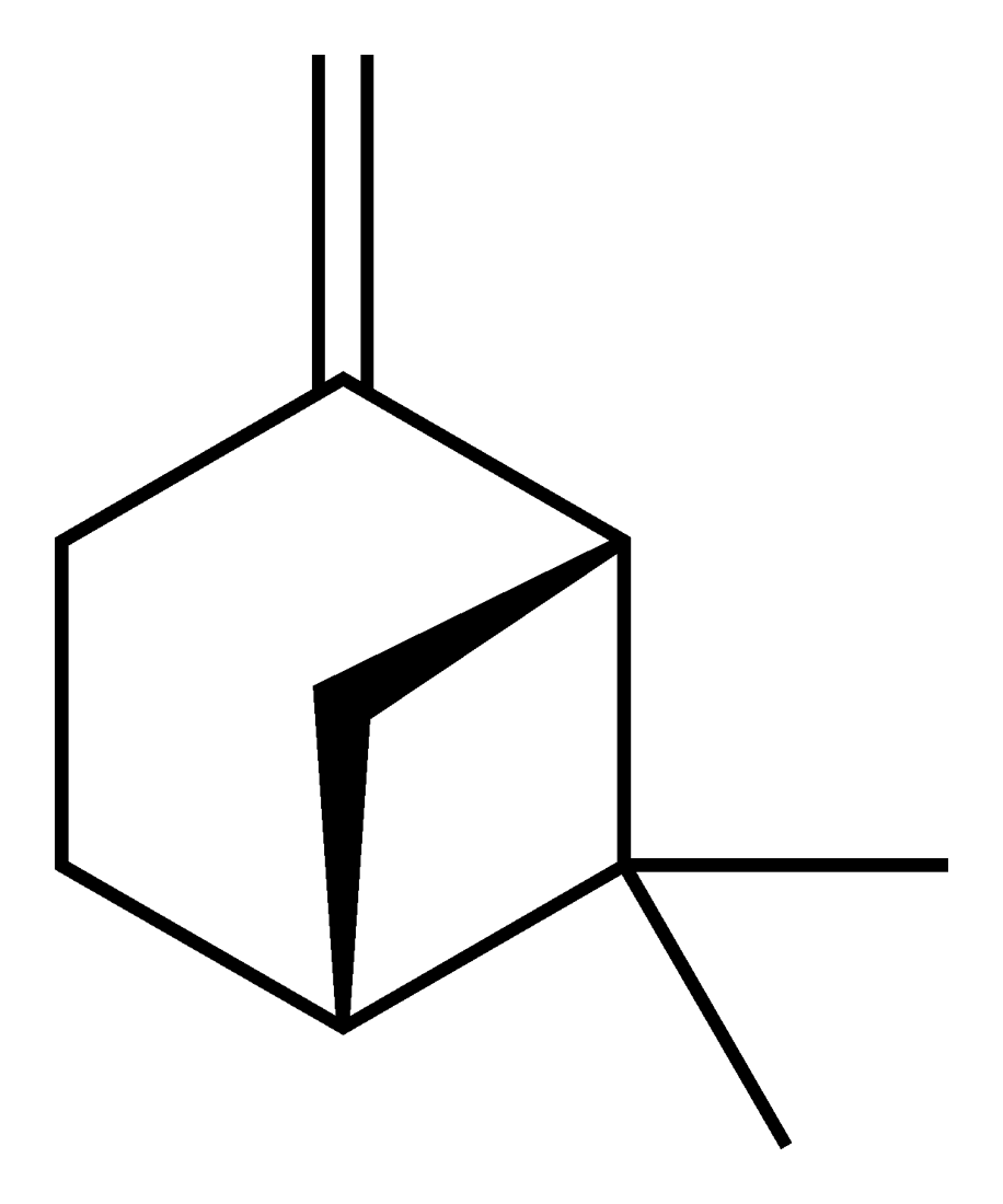 Skeletal formula of the (1R)-( )-β-pinene molecule, C10H16.