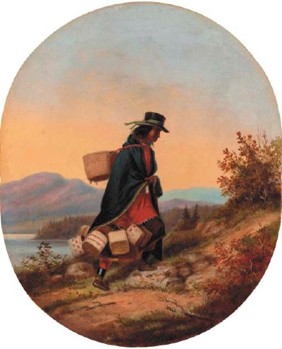 Indian Basket Seller in Autumn Landscape, oil paintings by Cornelius Krieghoff, 11.2 x 9.2 in.