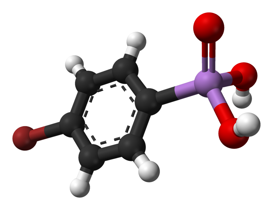 Ball-and-stick model of the (4-bromophenyl)arsonic acid molecule, as found in the crystalline state. X-ray crystallographic data from R. Betz, P. Klüfers and A. Walter (October 2007). '(4-Bromophenyl)arsonic acid'. Acta Cryst. E63 (10): m2483. DOI:10.1