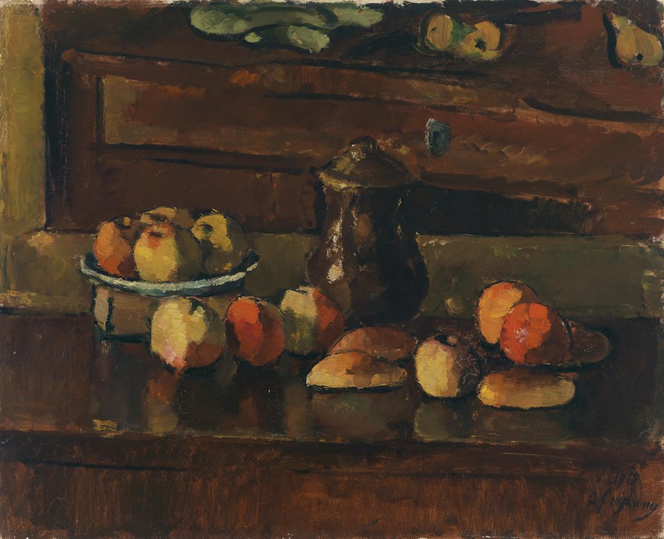 Obststilleben mit Kanne, vor Kommode, signiert, datiert A. Faistauer 1915, Öl auf Leinwand, 55,5 x 68,5 cm