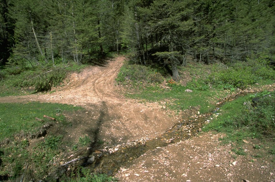 Damaged roads crossing a stream in the Judith Mountains