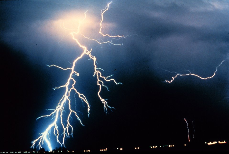  Multiple cloud-to-ground and cloud-to-cloud lightning strokes during night-time. Observed during night-time thunderstorm. 