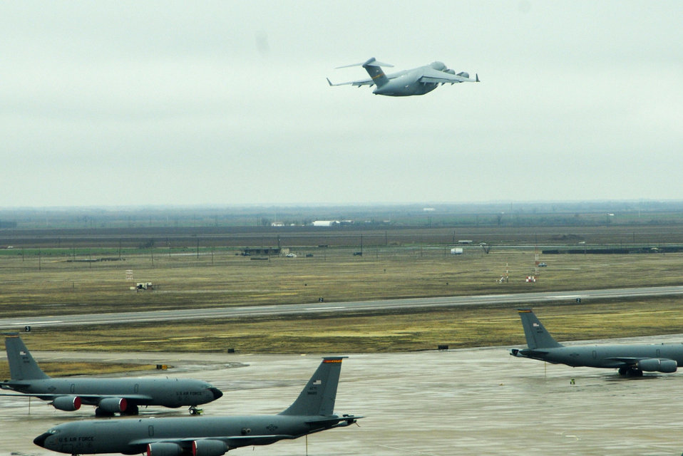 A C-17 Globemaster III takes off from Altus Air Force Base