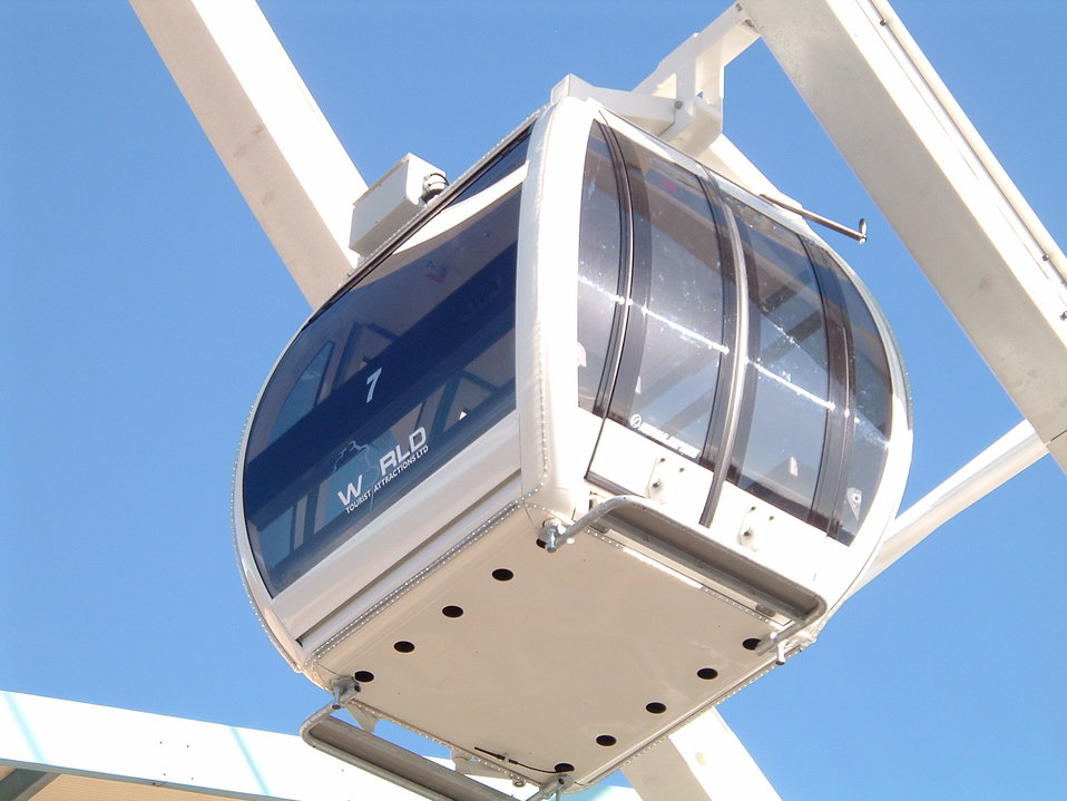One of the pods on the 54 metre high Yorkshire Wheel, that was installed at the National Railway Museum in York. It was sited 53°57′35.81″N  1°5′44.42″W    /  53.9599472°N 1.0956722°W  / 53.9599472; -1.0956722     next to and in line with the 